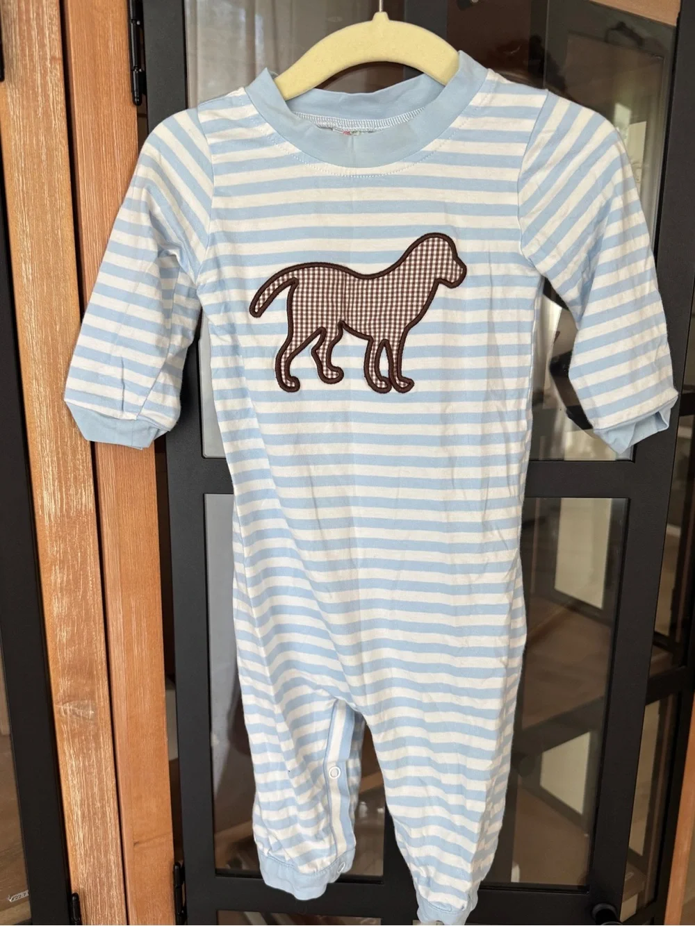 Cecil & Lou dog coverall romper lab puppy chocolate striped baby boy applique